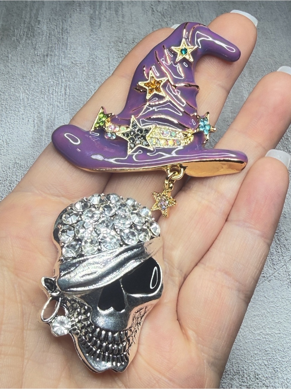 Halloween Witch Hat Skull Set of 2 Brooches Purple Rhinestone Spooky Jewelry